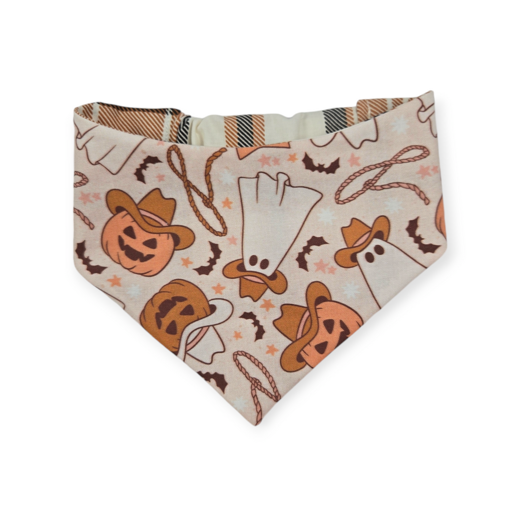 Cowboy Halloween/Burnt Orange Plaid Reversible Slip-on Scrunchie Bandana (Small)
