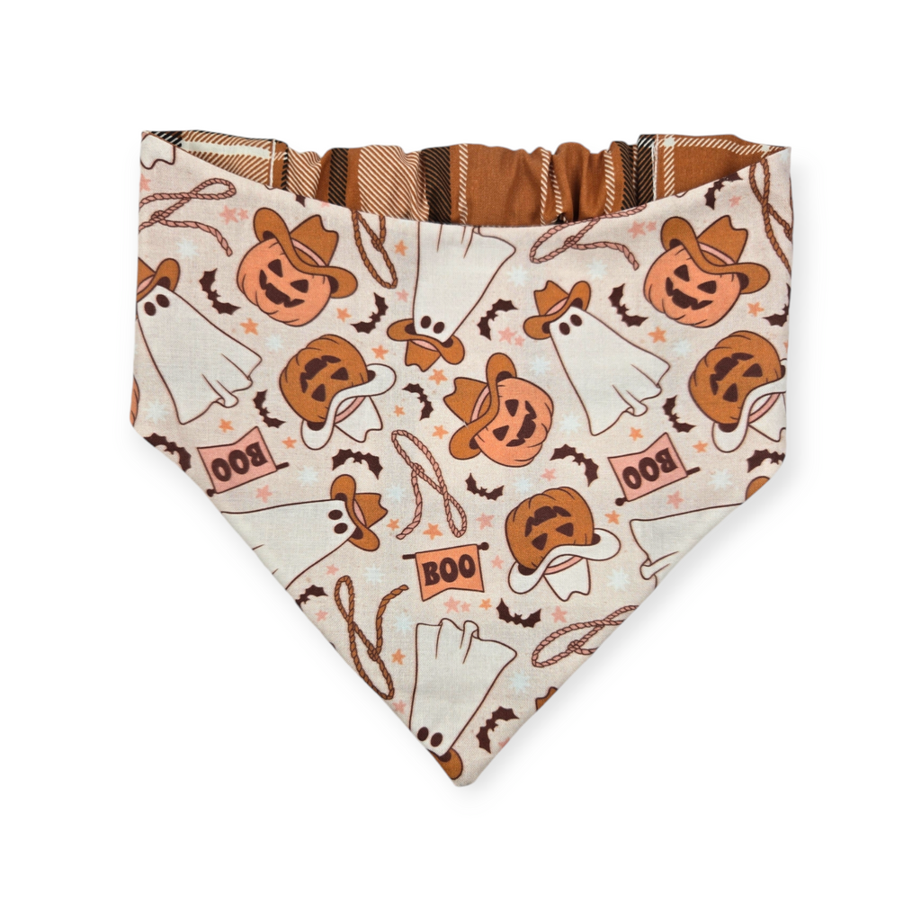 Cowboy Halloween/Burnt Orange Plaid Slip-on Scrunchie Bandana (Large)