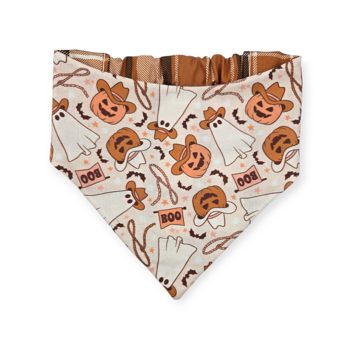Cowboy Halloween/Burnt Orange Plaid Slip-on Scrunchie Bandana (Large)
