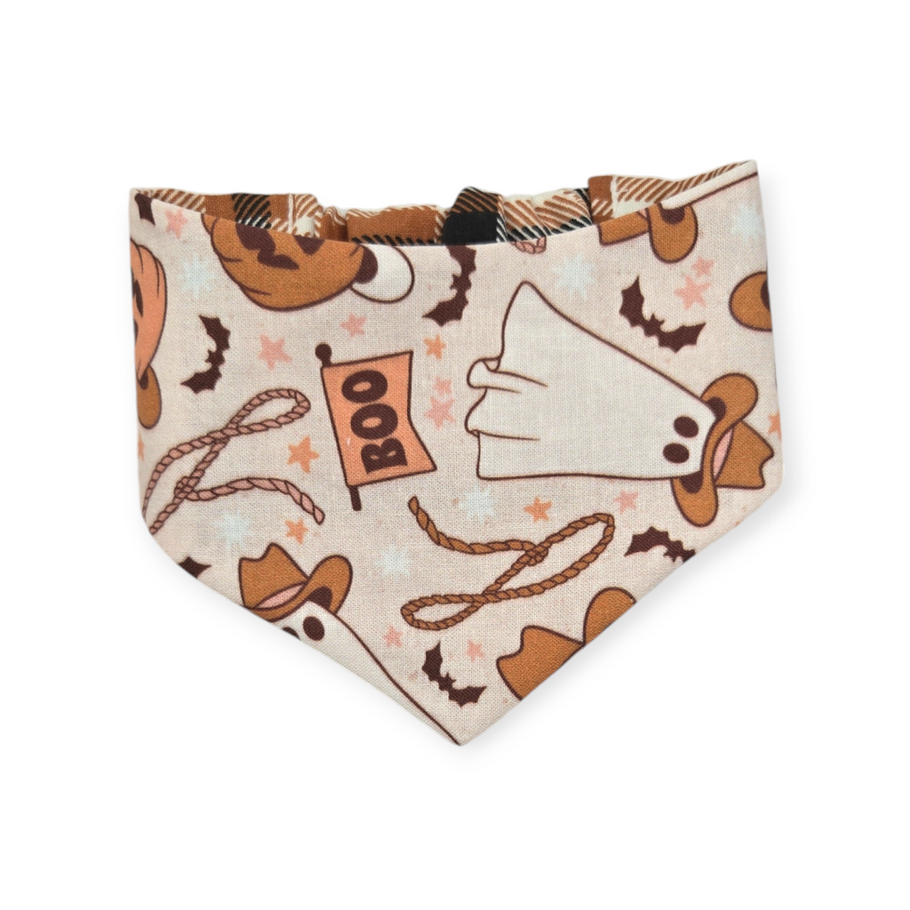 Cowboy Halloween/Burnt Orange Plaid Slip-on Scrunchie Bandana (X-Small)