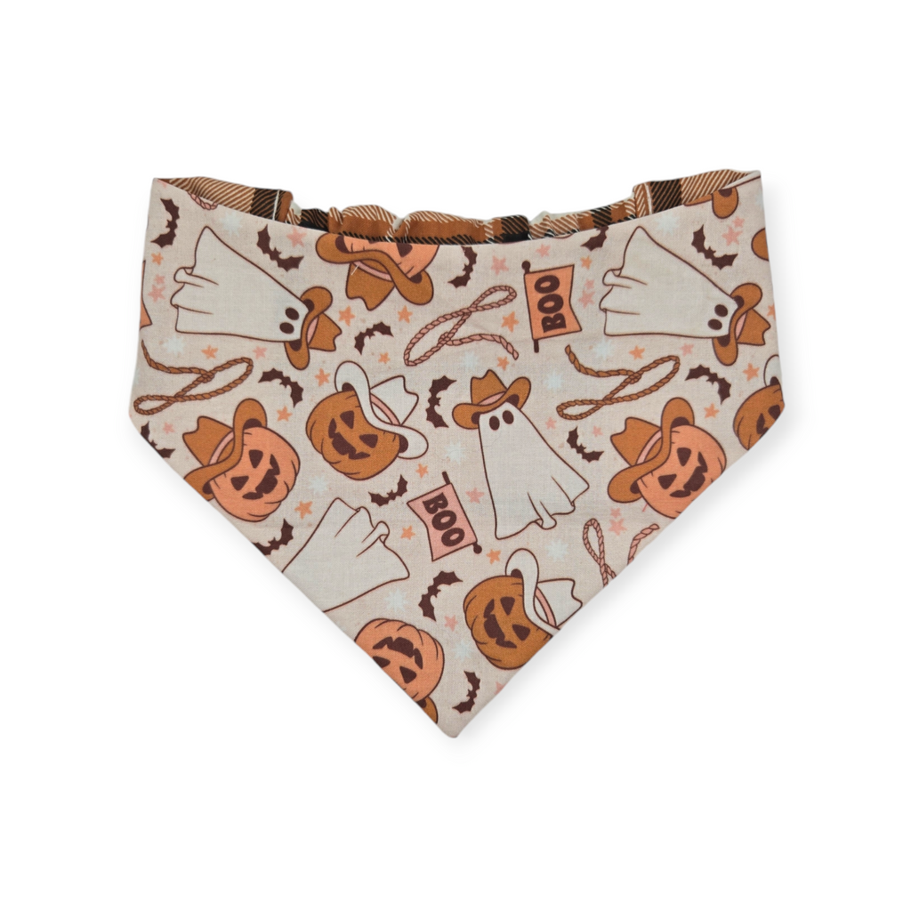 Cowboy Halloween/Burnt Orange Plaid Slip-on Scrunchie Bandana (Medium/Large)