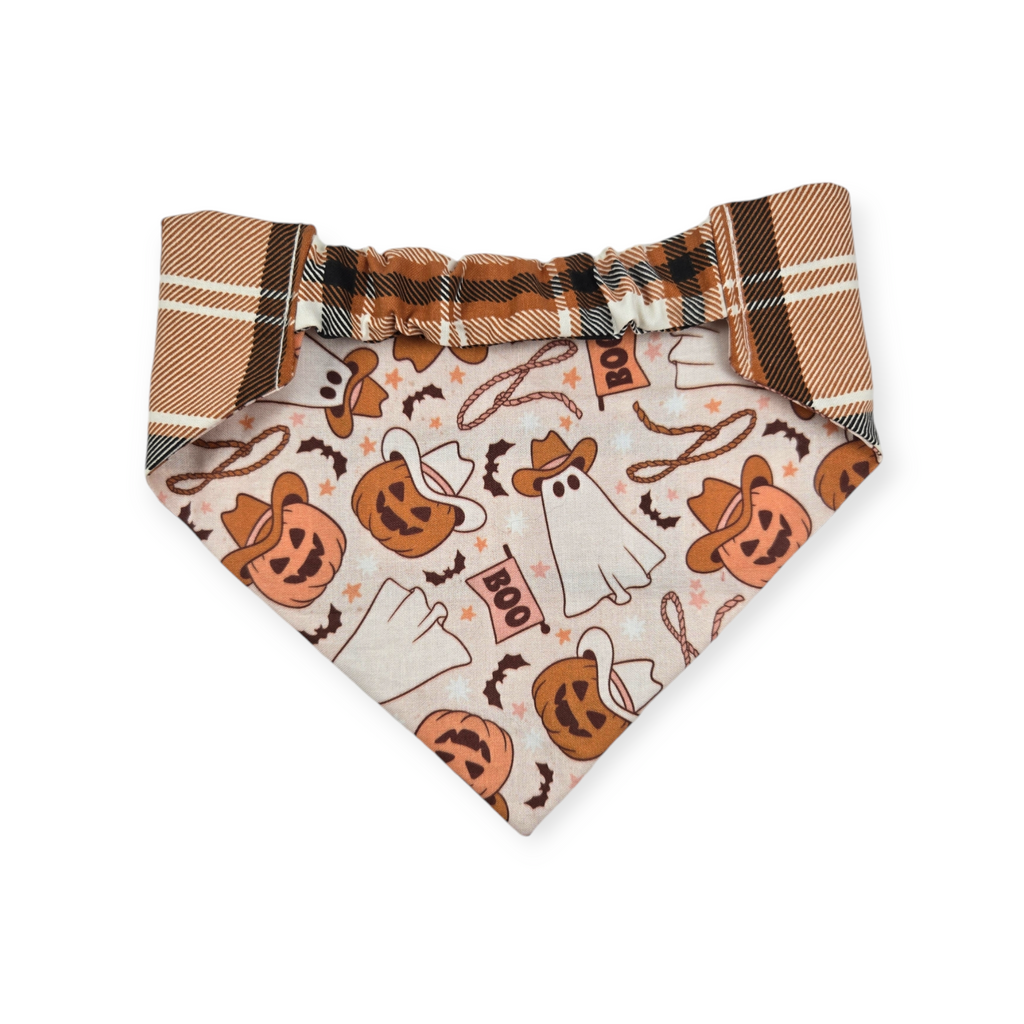 Cowboy Halloween/Burnt Orange Plaid Slip-on Scrunchie Bandana (Medium/Large)