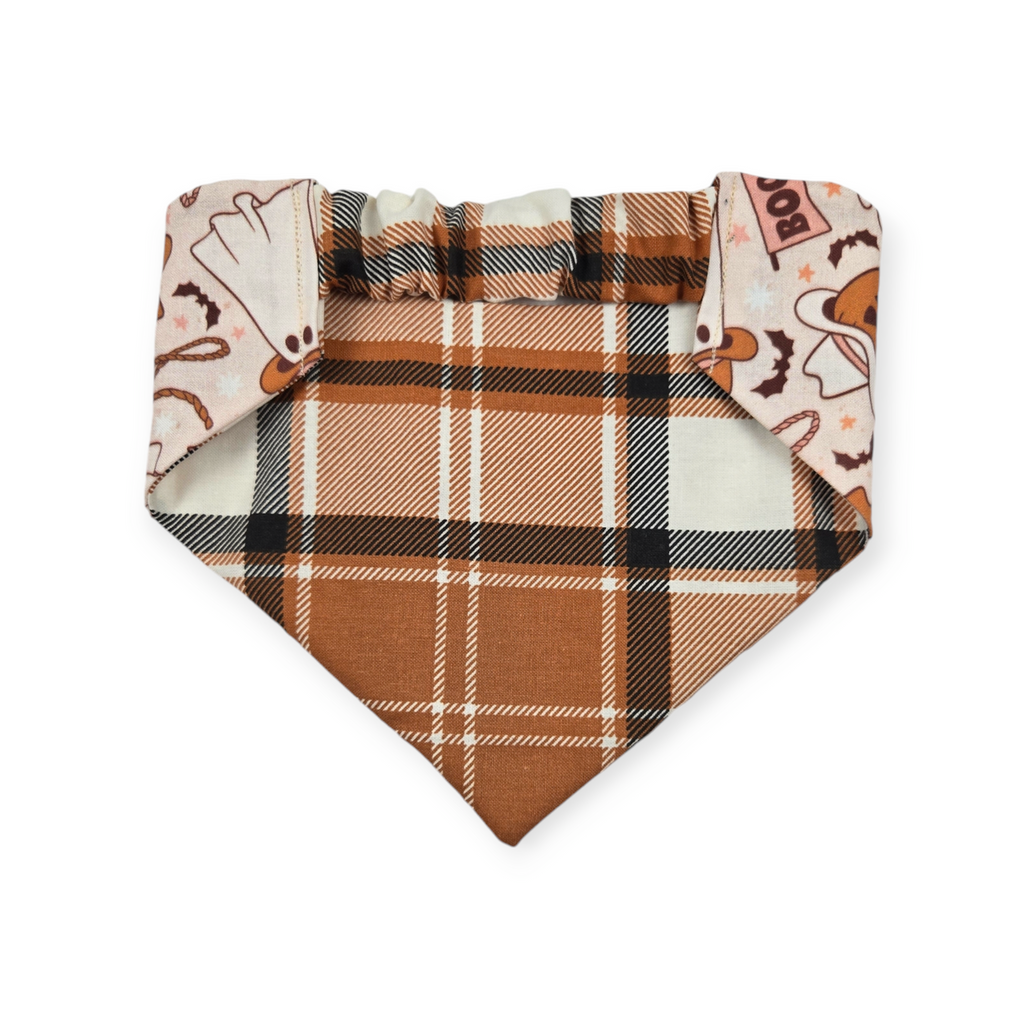 Cowboy Halloween/Burnt Orange Plaid Slip-on Scrunchie Bandana (Small/Medium)