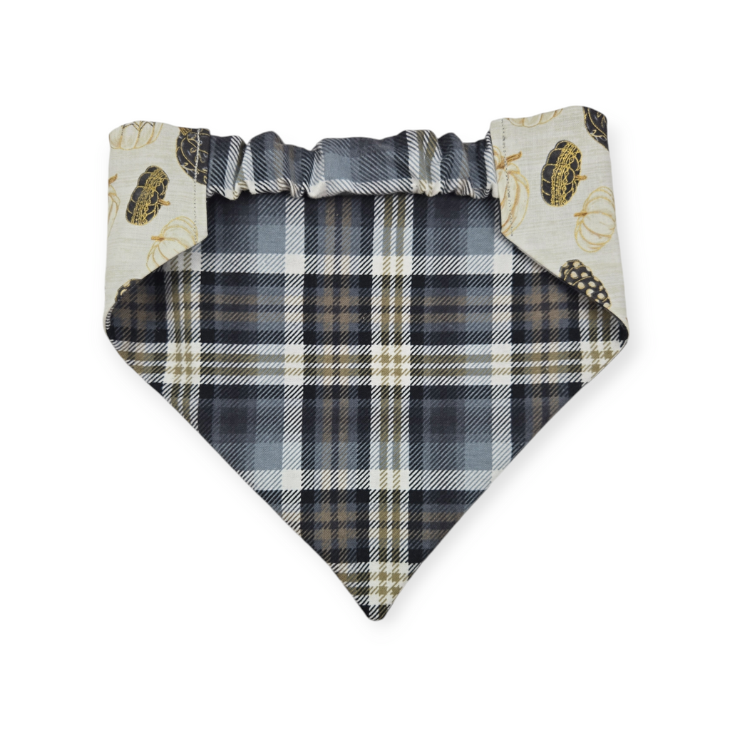 Pumpkin Quilt/Gray & Tan Plaid Slip-on Scrunchie Bandana (Large)