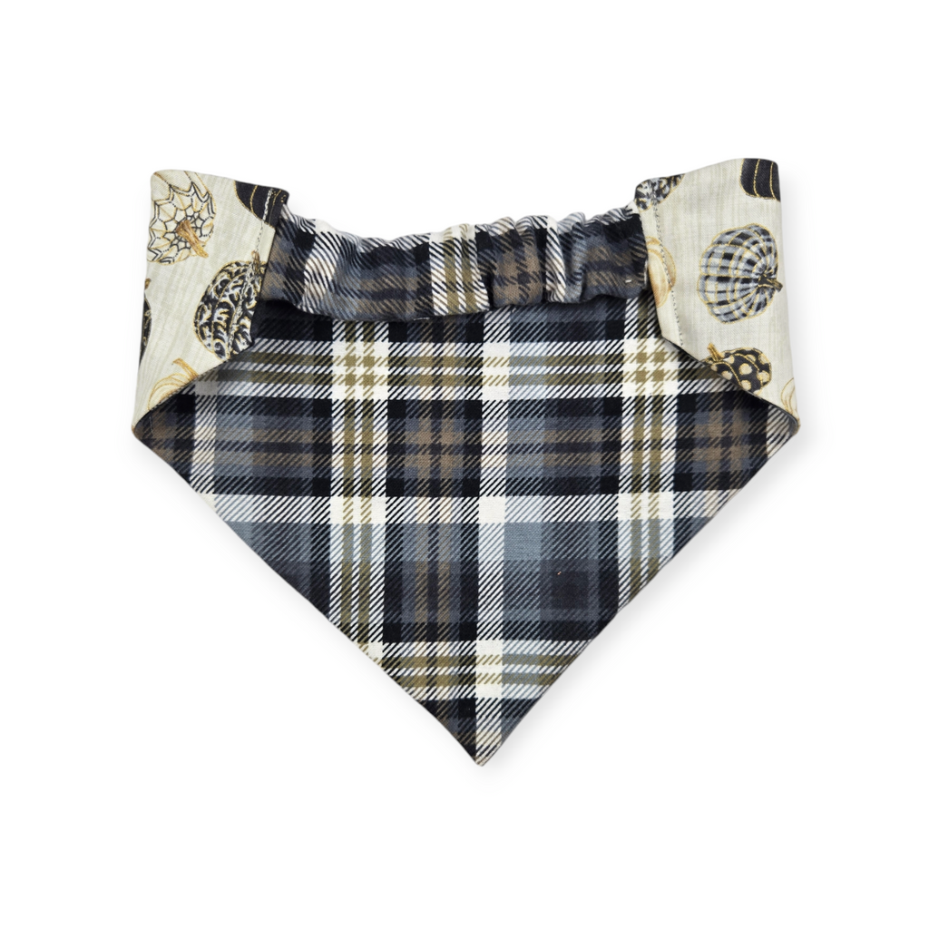 Pumpkin Quilt/Gray & Tan Plaid Slip-on Scrunchie Bandana (Medium/Large)
