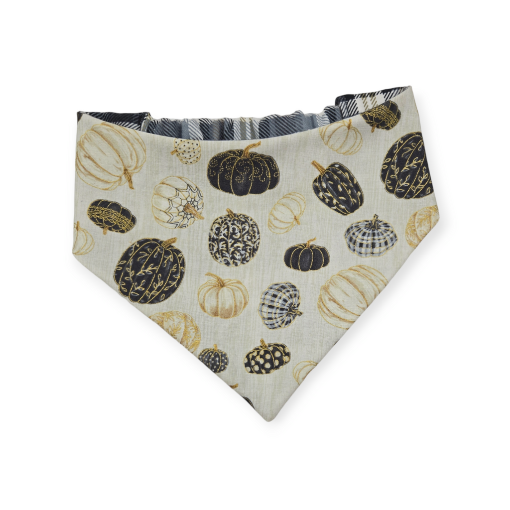 Pumpkin Quilt/Gray & Tan Plaid Slip-on Scrunchie Bandana (Medium/Large)