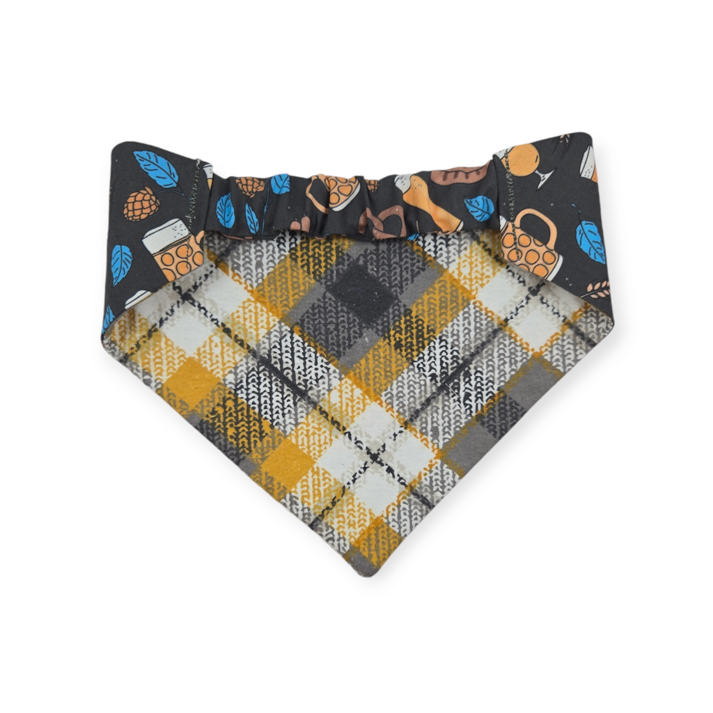 Bavarian Pretzels & Beer/ Gray & Mustard Plaid Slip-on Scrunchie Bandana (Medium/Large)