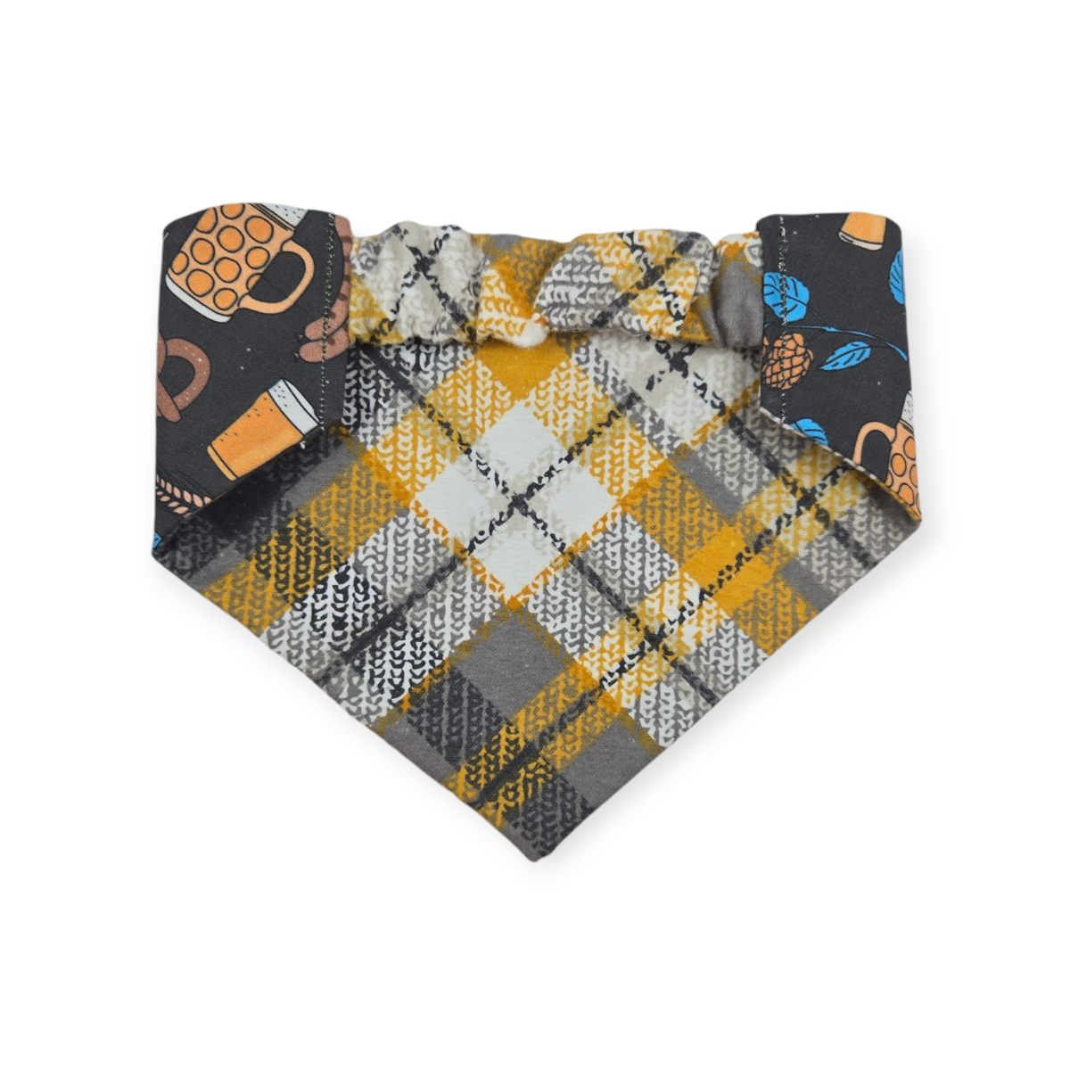 Bavarian Pretzels & Beer/ Gray & Mustard Plaid Slip-on Scrunchie Bandana (Medium)