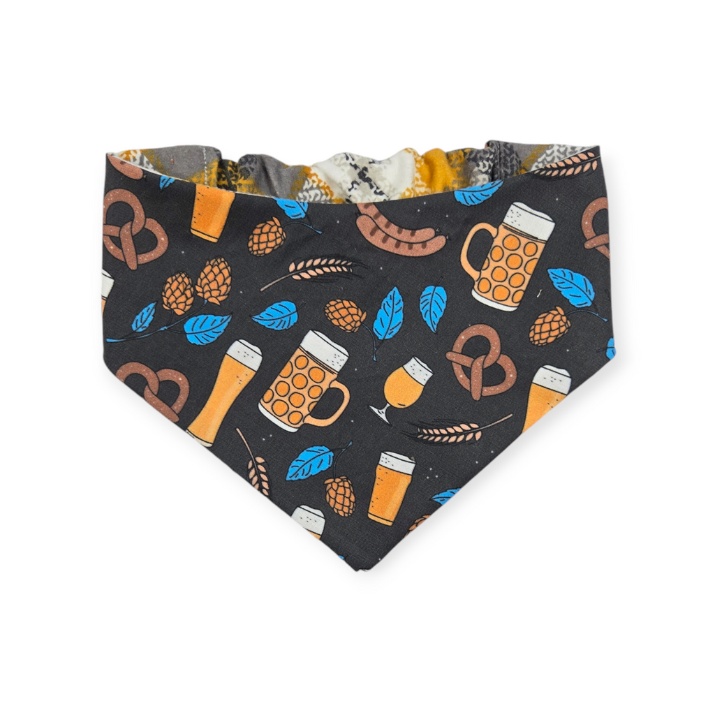 Bavarian Pretzels & Beer/ Gray & Mustard Plaid Slip-on Scrunchie Bandana (Medium)