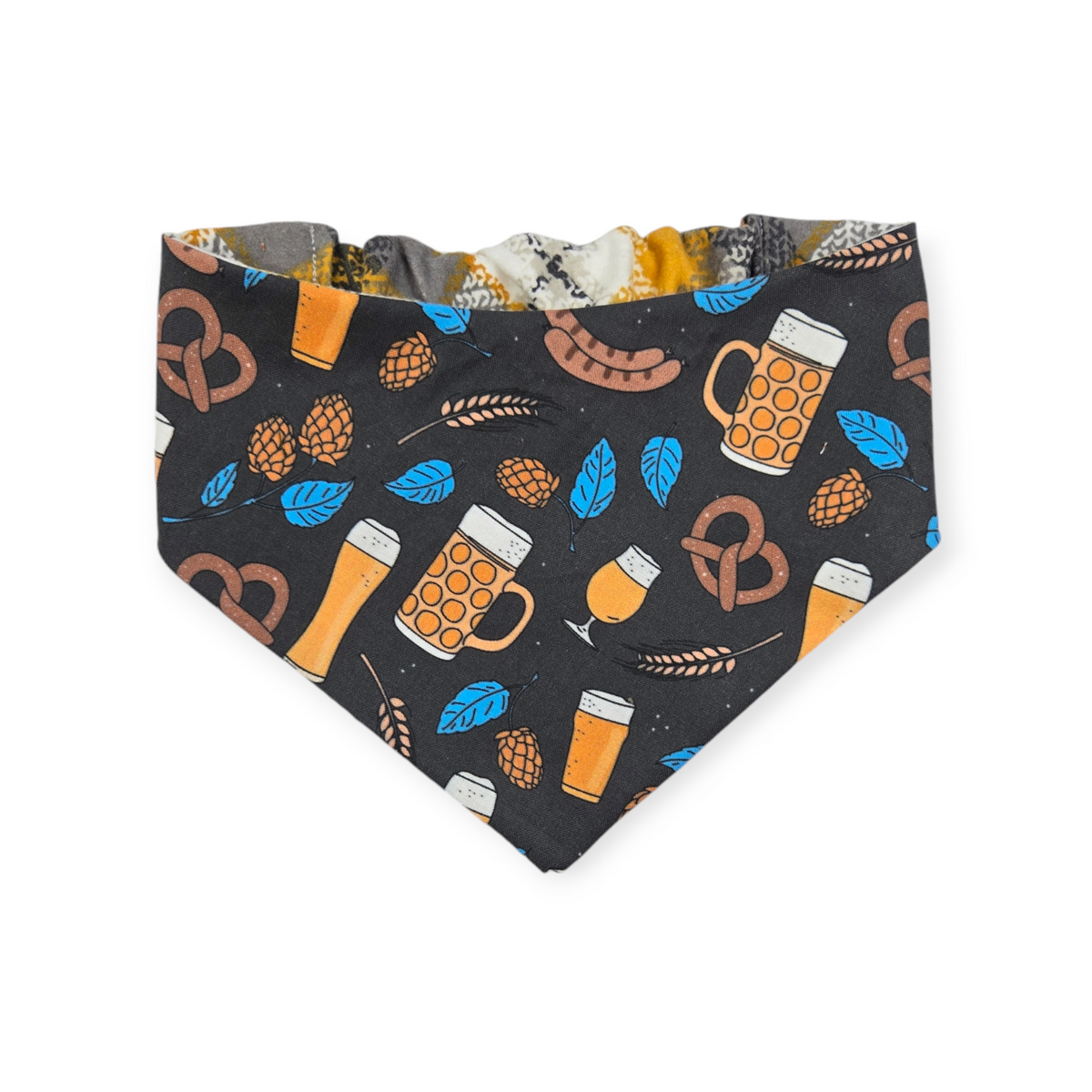 Bavarian Pretzels & Beer/ Gray & Mustard Plaid Slip-on Scrunchie Bandana (Medium)