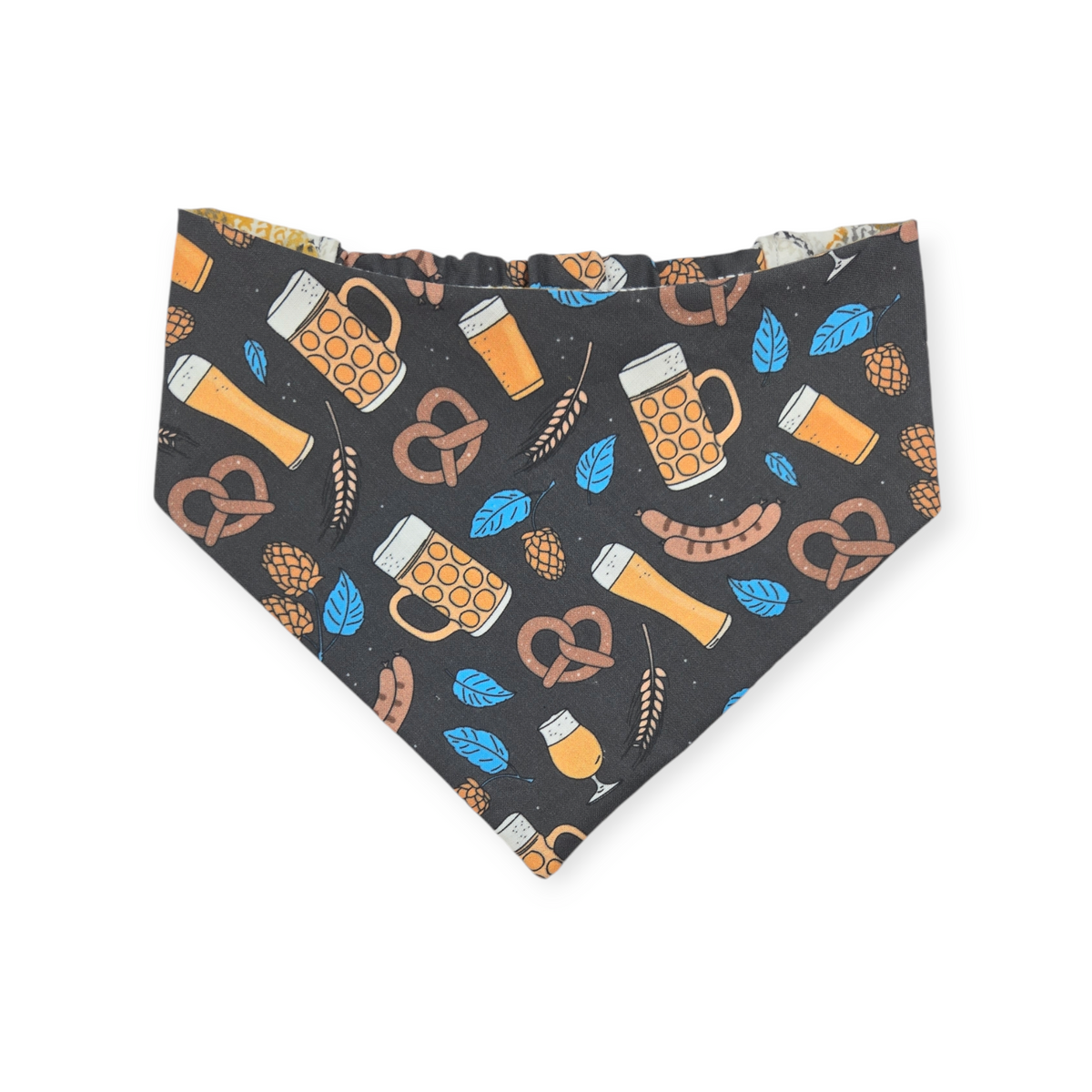 Bavarian Pretzels & Beer/ Gray & Mustard Plaid Slip-on Scrunchie Bandana (Medium/Large)