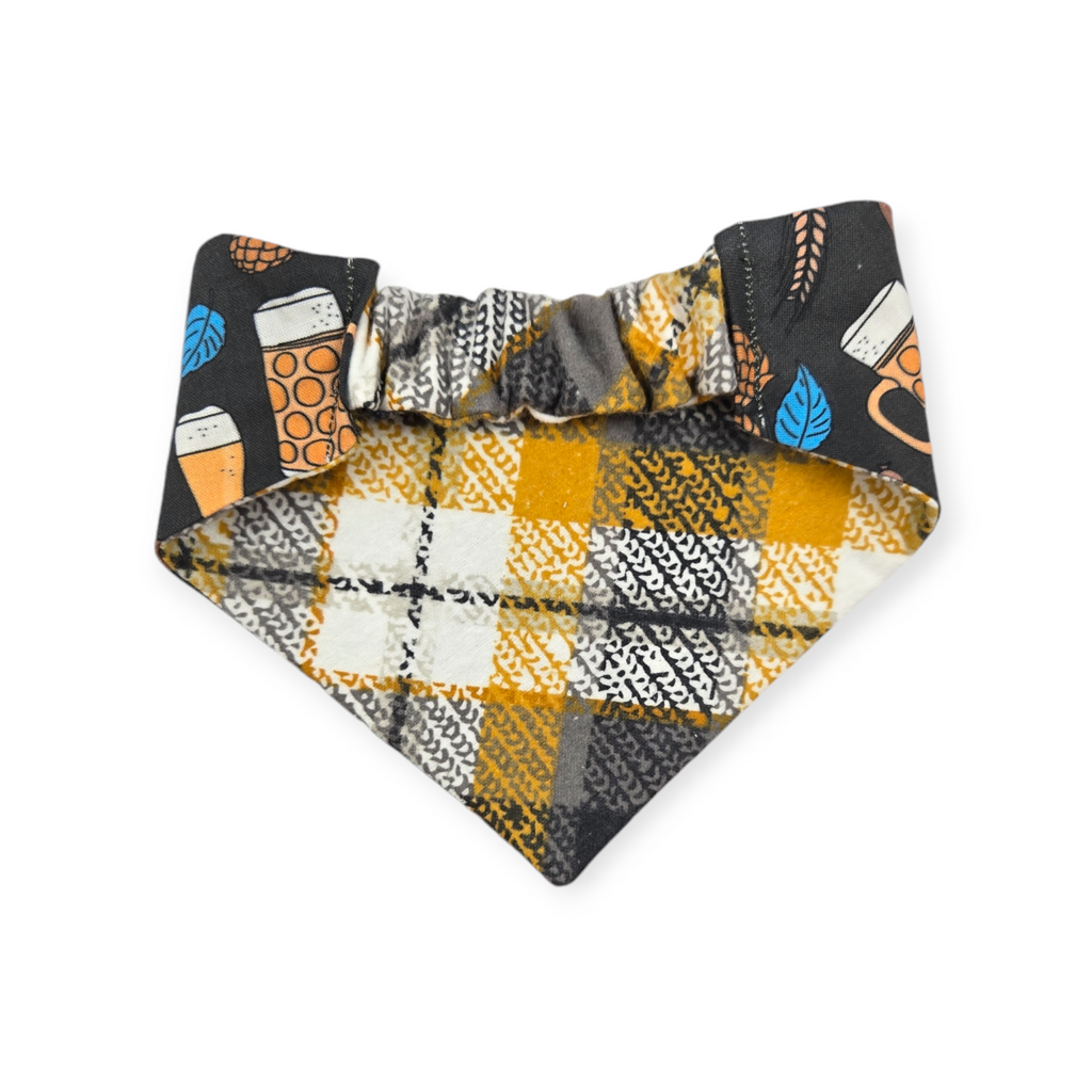 Bavarian Pretzels & Beer/ Gray & Mustard Plaid Slip-on Scrunchie Bandana (Small)