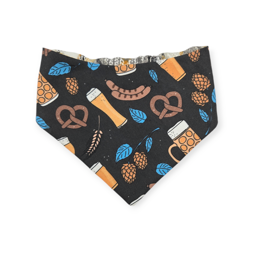 Bavarian Pretzels & Beer/ Gray & Mustard Plaid Slip-on Scrunchie Bandana (Small)