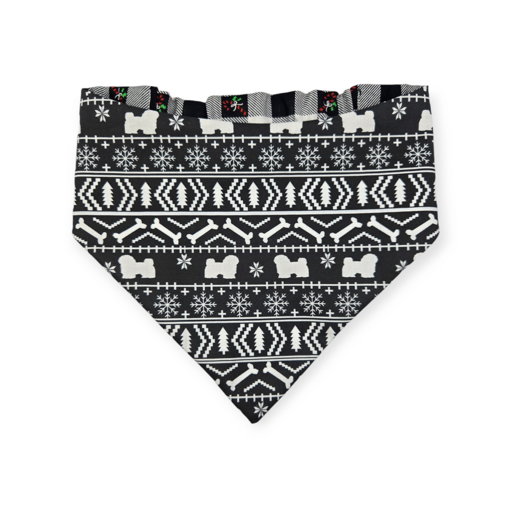 Fair Isle Black/Black & White Buffalo Plaid Reversible Slip-on Scrunchie Bandana (Large)
