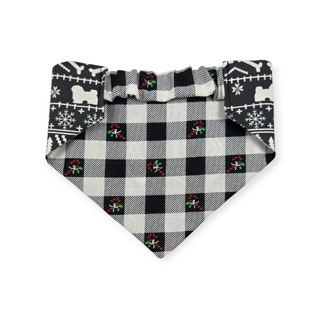 Fair Isle Black/Black & White Buffalo Plaid Reversible Slip-on Scrunchie Bandana (Medium)