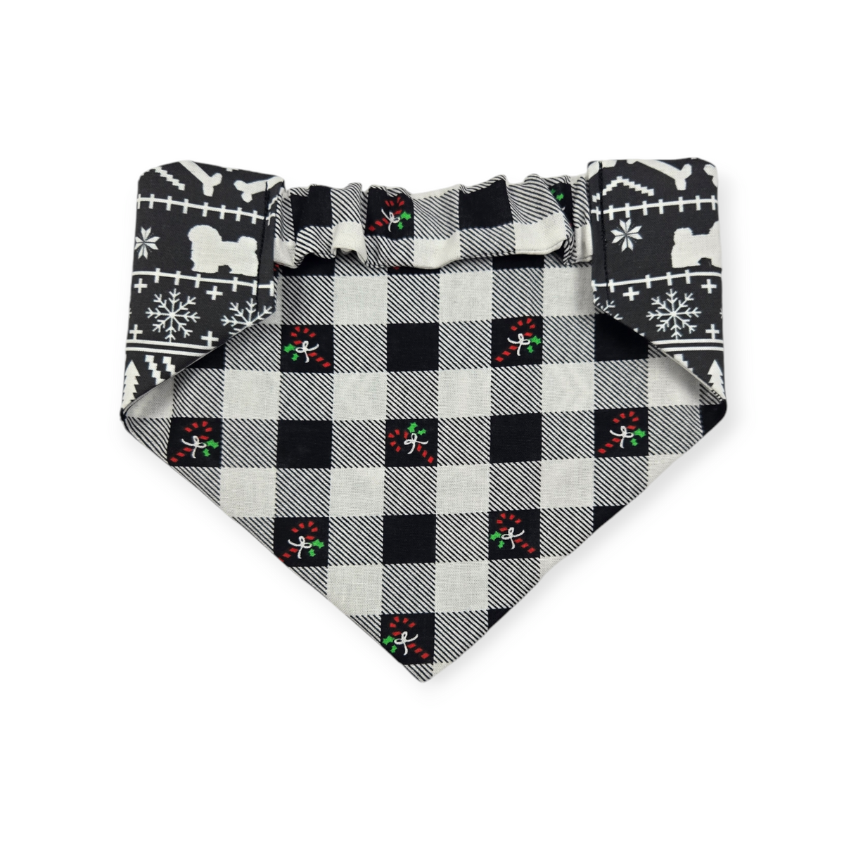Fair Isle Black/Black & White Buffalo Plaid Reversible Slip-on Scrunchie Bandana (Medium)