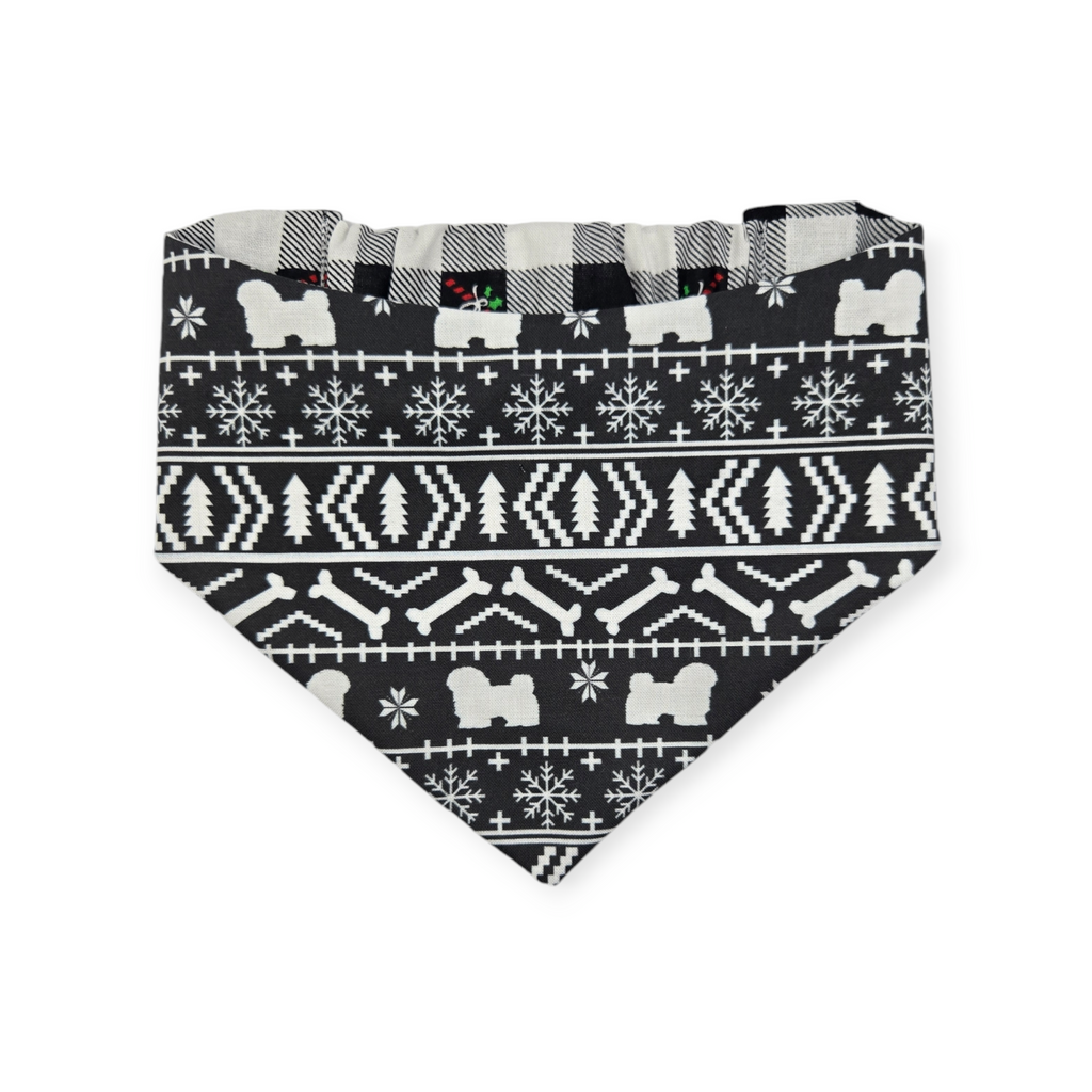 Fair Isle Black/Black & White Buffalo Plaid Reversible Slip-on Scrunchie Bandana (Medium)