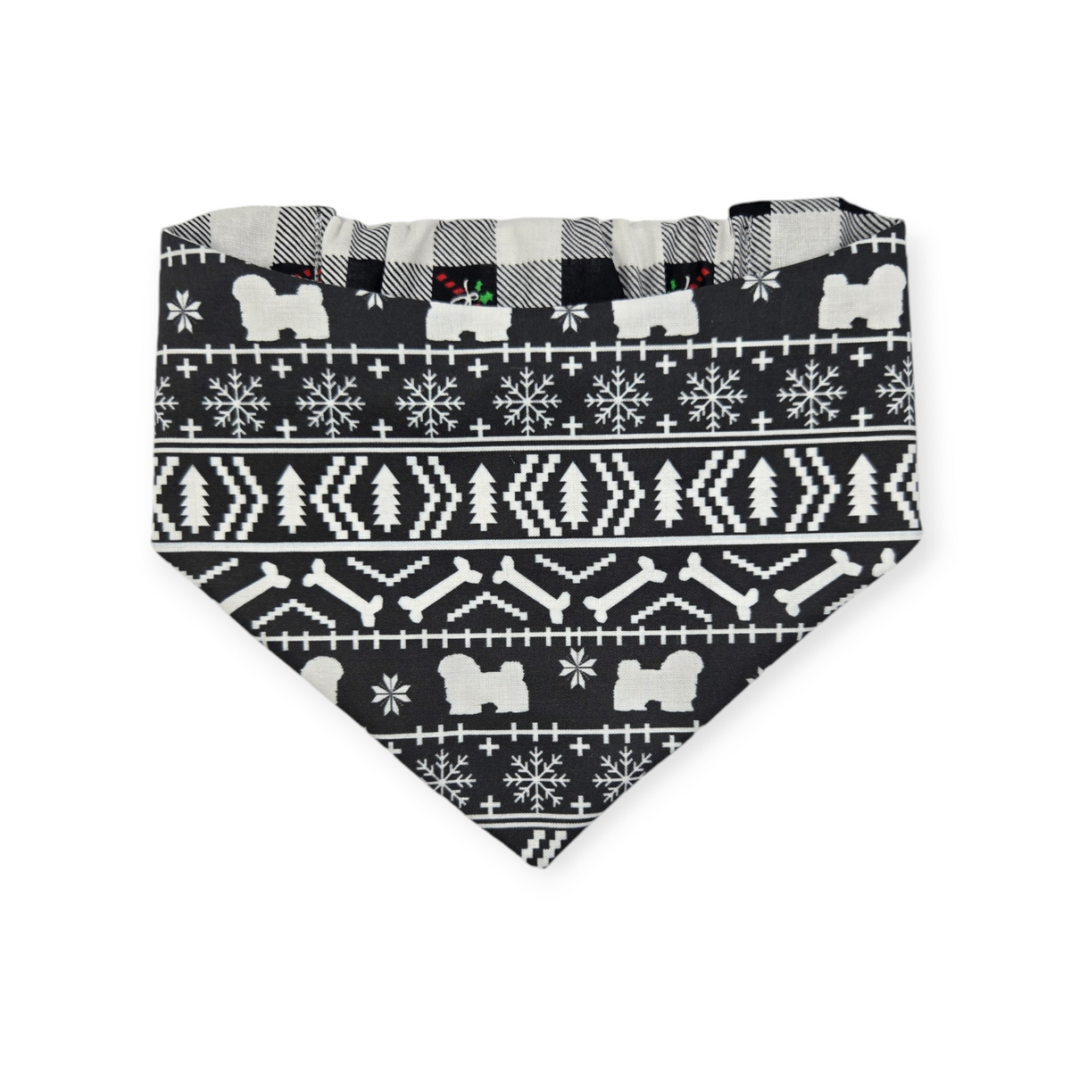 Fair Isle Black/Black & White Buffalo Plaid Reversible Slip-on Scrunchie Bandana (Medium)