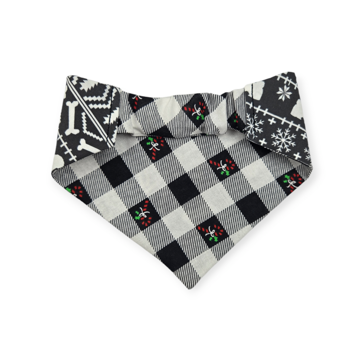 Fair Isle Black/Black & White Buffalo Plaid V2 Slip-on Scrunchie Bandana (Small)