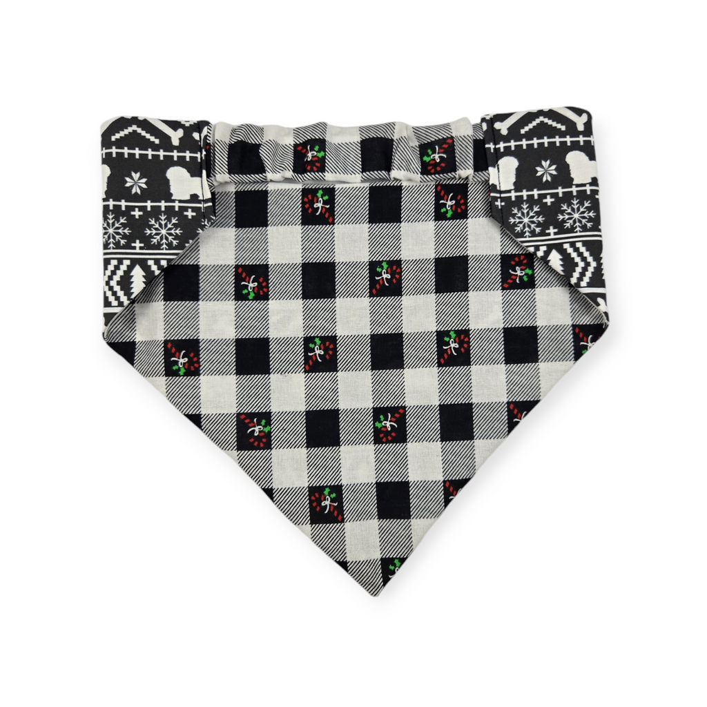 Fair Isle Black/Black & White Buffalo Plaid Reversible Slip-on Scrunchie Bandana (Large)