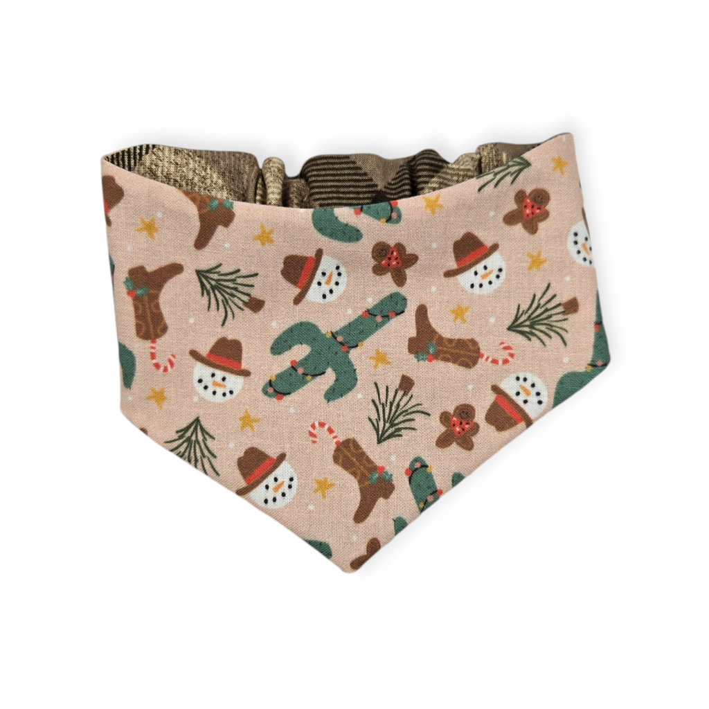 Cowboy Christmas/Brown Plaid Reversible Slip-on Scrunchie Bandana (X-Small)