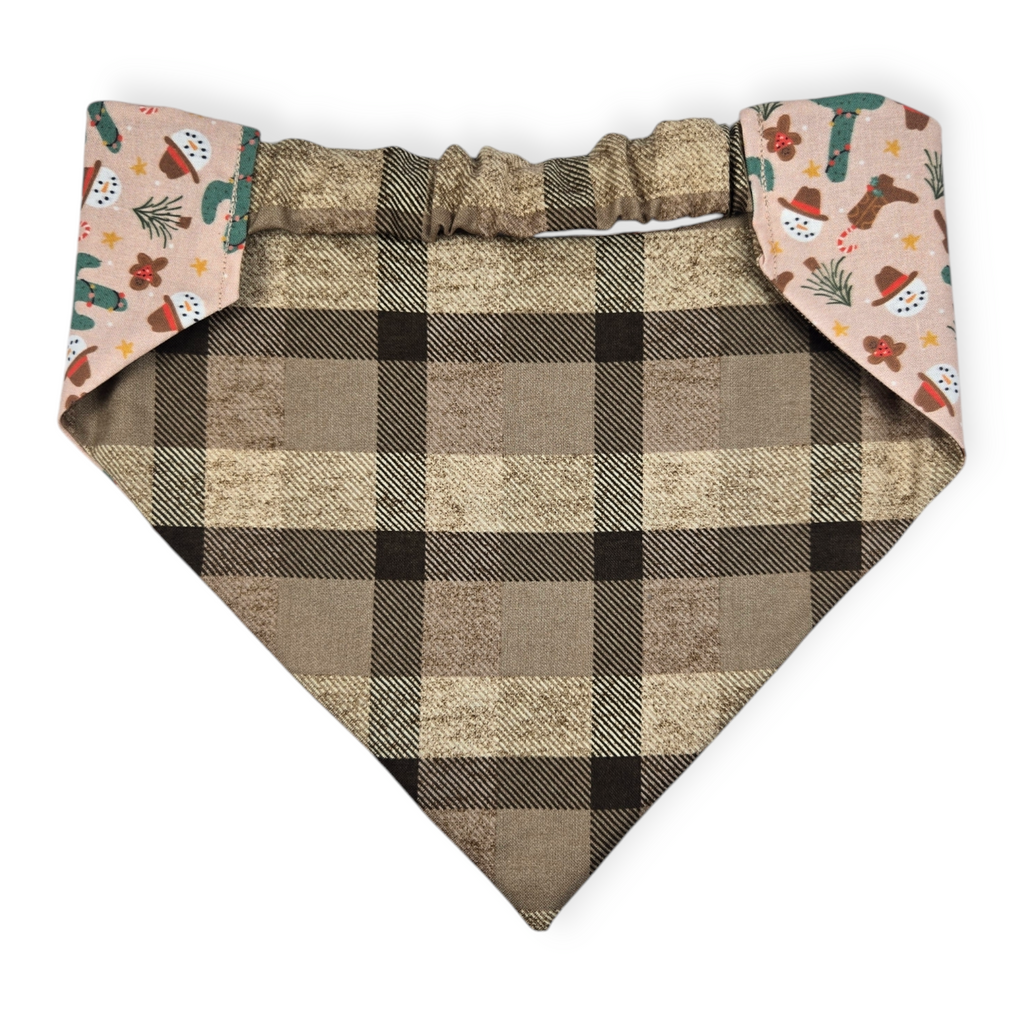 Cowboy Christmas/Brown Plaid Reversible Slip-on Scrunchie Bandana (Large/X-Large)