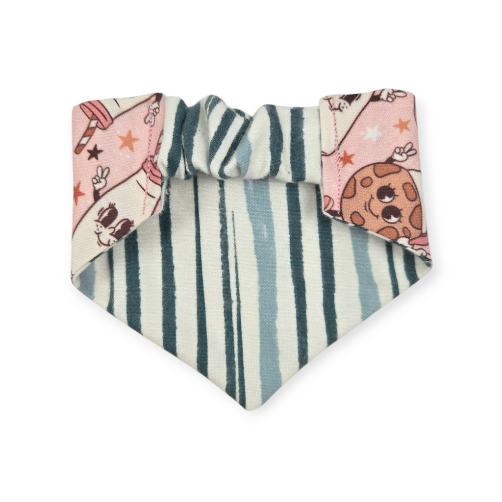 Vintage Milk & Cookies/Green Stripe Reversible Slip-on Scrunchie Bandana (X-Small)