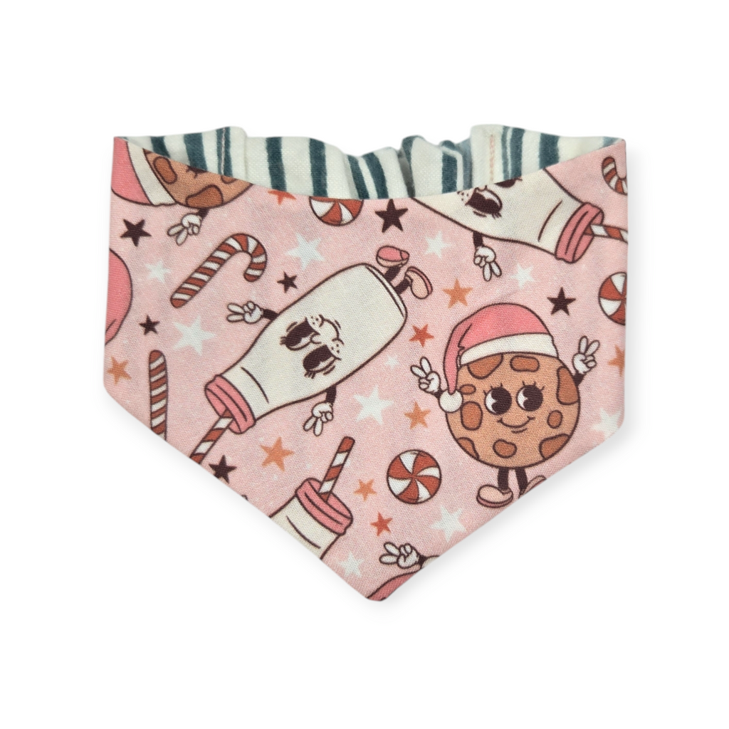 Vintage Milk & Cookies/Green Stripe Reversible Slip-on Scrunchie Bandana (X-Small)