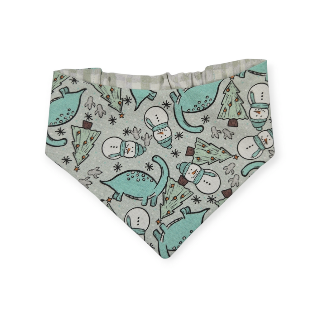 Winter Dinosaurs/Sage Green Plaid Slip-on Scrunchie Bandana (Small)
