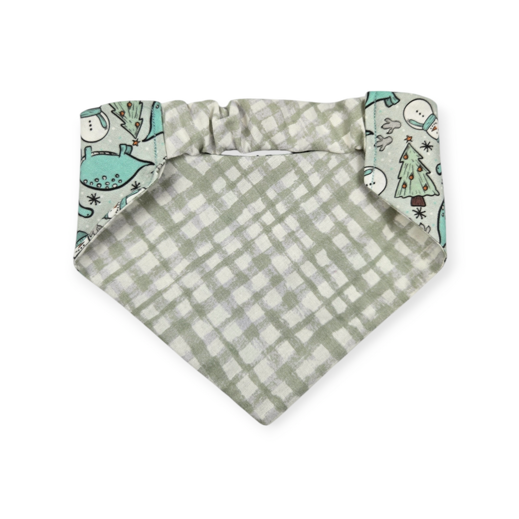 Winter Dinosaurs/Sage Green Plaid Slip-on Scrunchie Bandana (Medium)