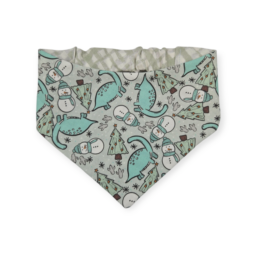 Winter Dinosaurs/Sage Green Plaid Slip-on Scrunchie Bandana (Medium)