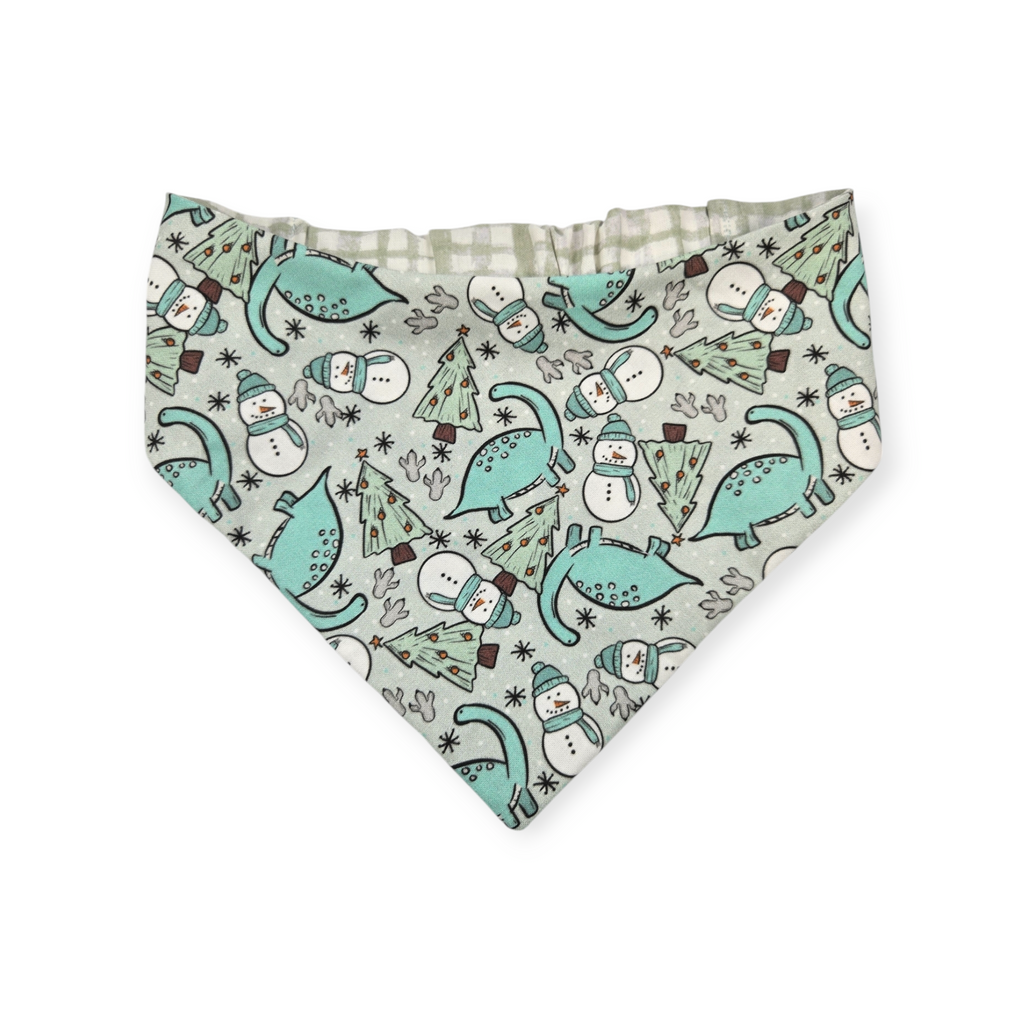 Winter Dinosaurs/Sage Green Plaid Reversible Slip-on Scrunchie Bandana (Medium/Large)