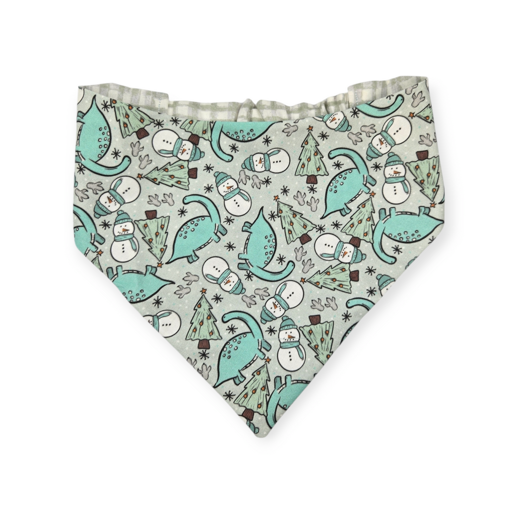 Winter Dinosaurs/Sage Green Plaid Reversible Slip-on Scrunchie Bandana (Large)
