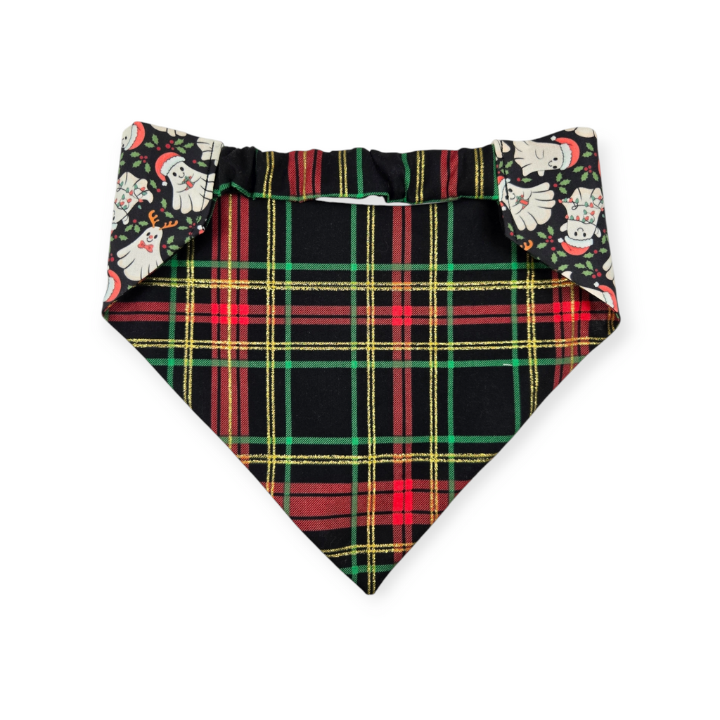 Christmas Ghost/Glitter Tartan Plaid Slip-on Scrunchie Bandana (Large/X-Large)