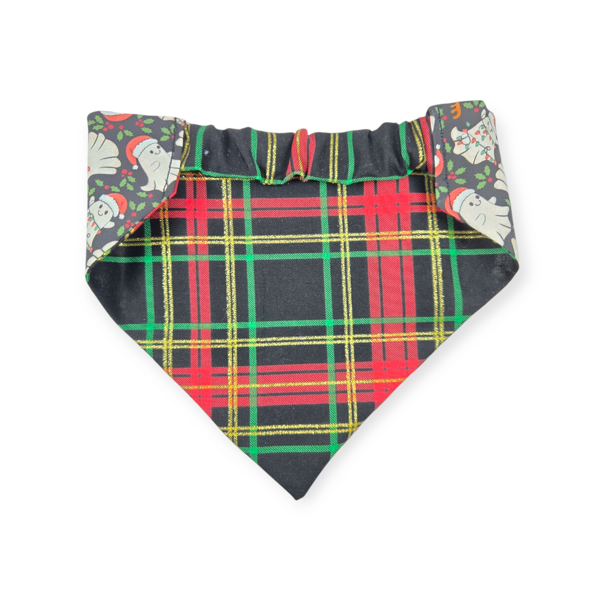 Christmas Ghost/Glitter Tartan Plaid Reversible Slip-on Scrunchie Bandana (Medium/Large)