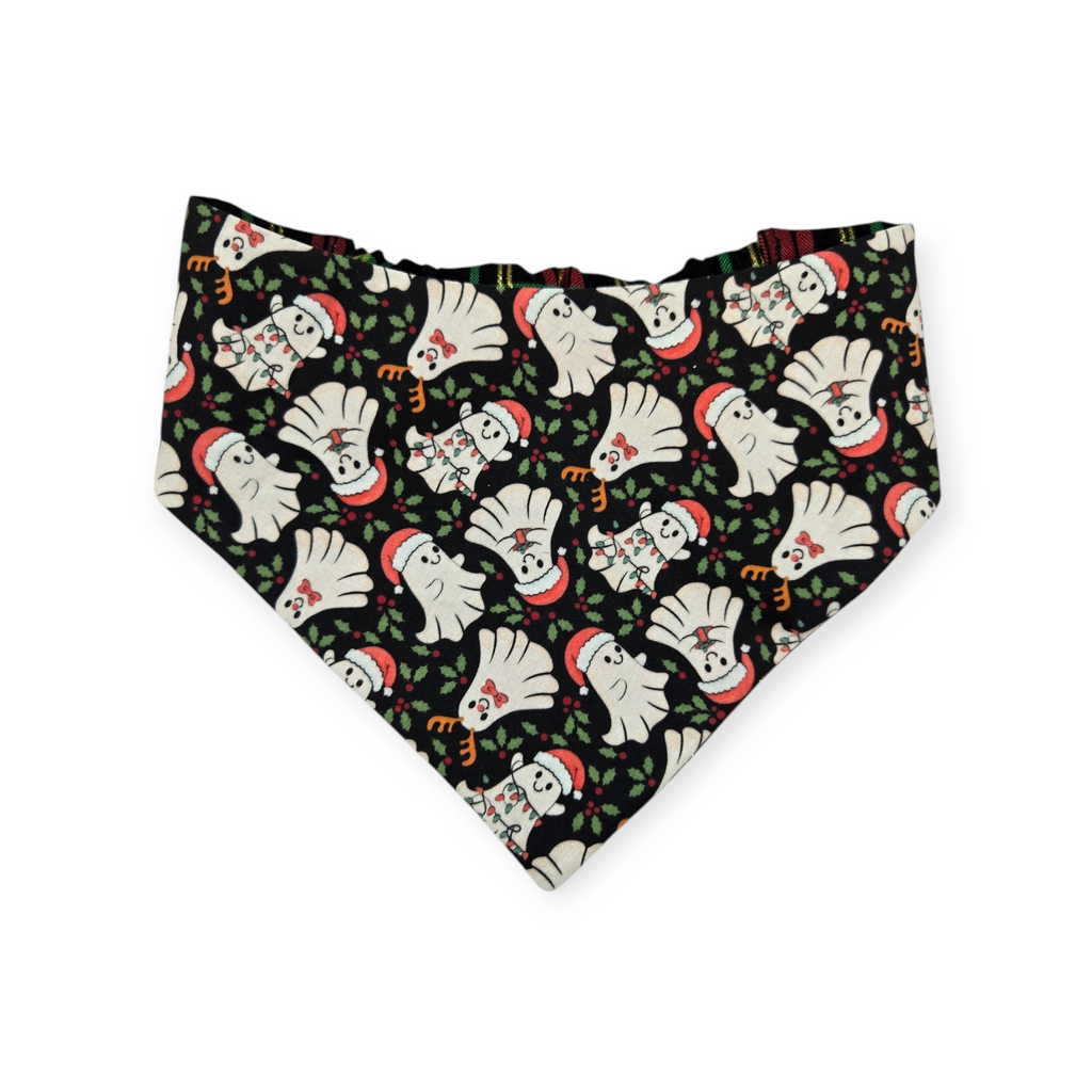 Christmas Ghost/Glitter Tartan Plaid Reversible Slip-on Scrunchie Bandana (Medium/Large)