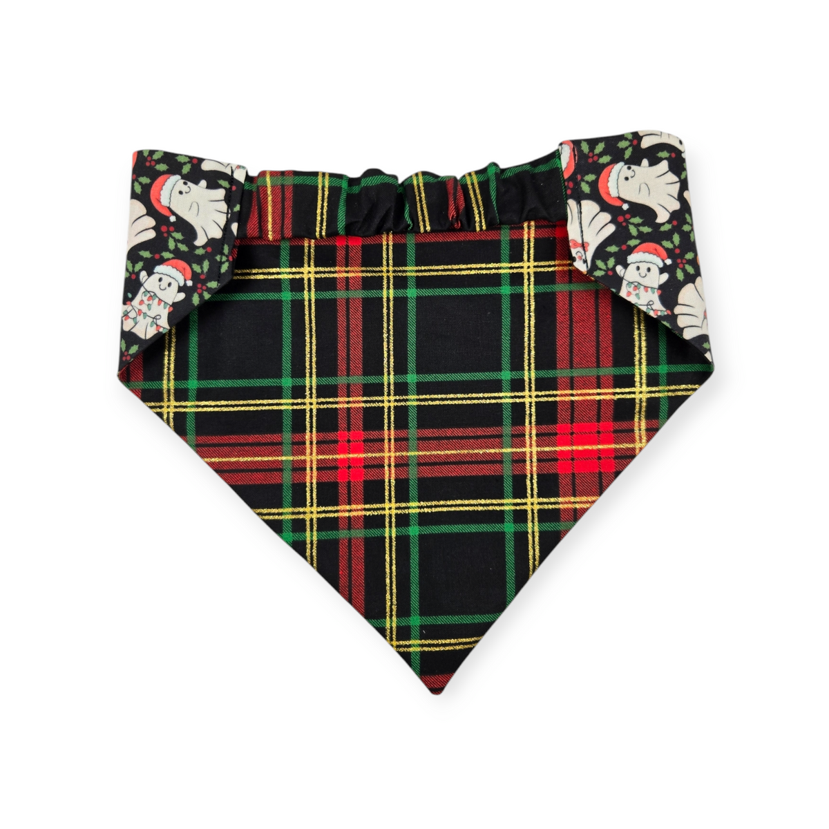 Christmas Ghost/Glitter Tartan Plaid Reversible Slip-on Scrunchie Bandana (Large)