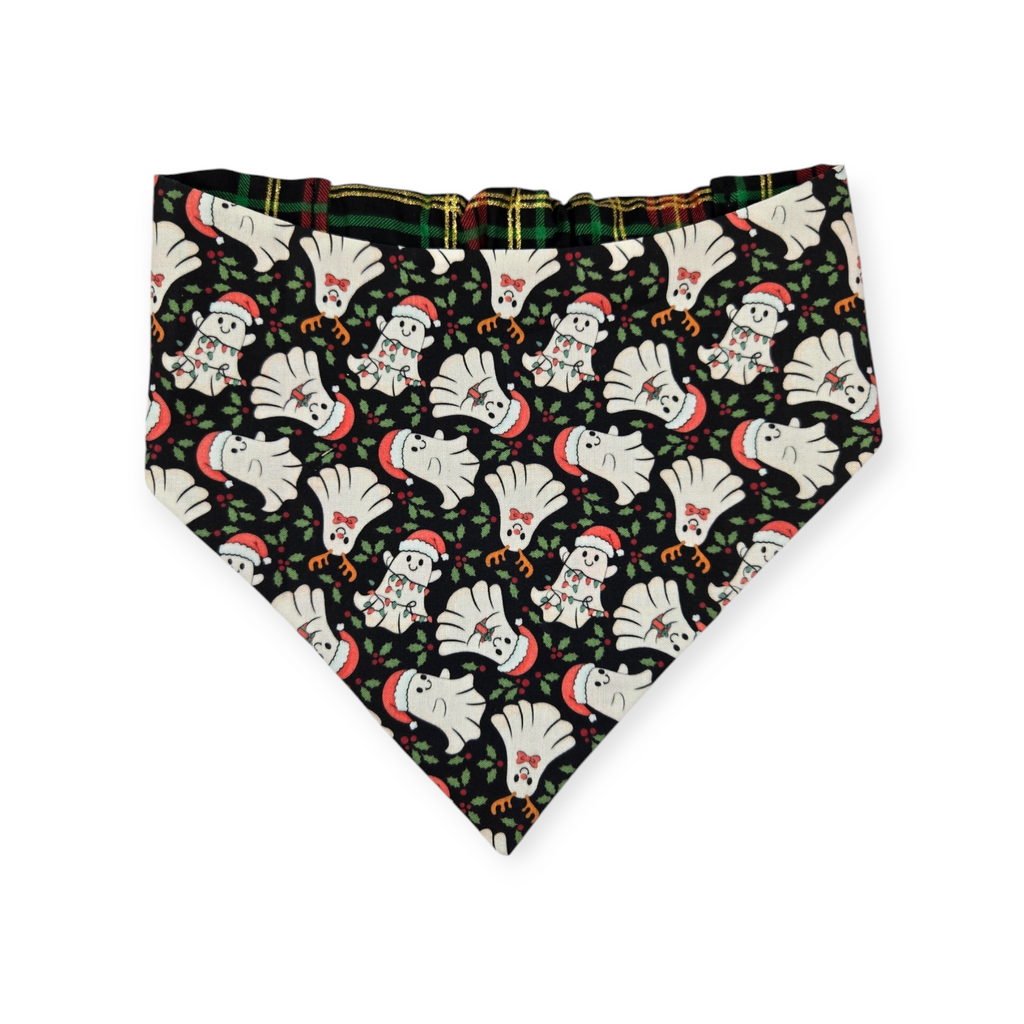 Christmas Ghost/Glitter Tartan Plaid Reversible Slip-on Scrunchie Bandana (Large)