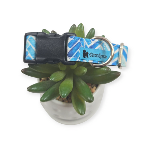 Blue Herringbone Watercolor Dog collar (Medium)