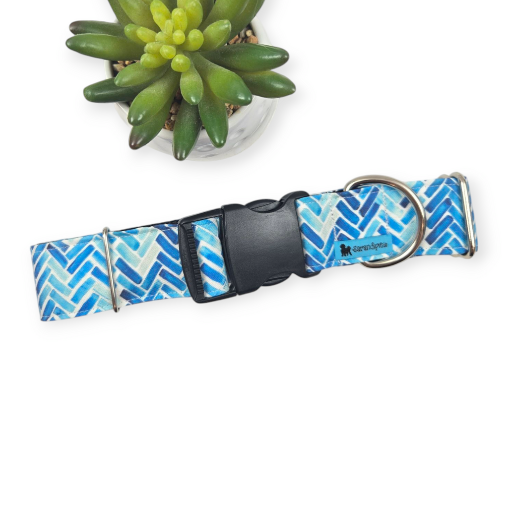 Blue Herringbone Watercolor Dog Collar (X-Large, 1.5" wide)