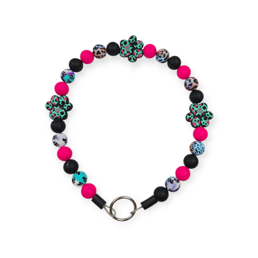Black, Pink & Leopard Paws Beaded Collar - 18.5"