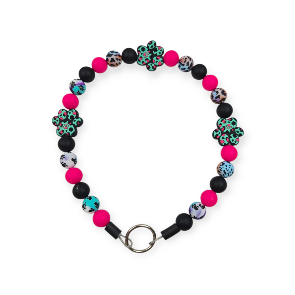 Black, Pink & Leopard Paws Beaded Collar - 18.5"