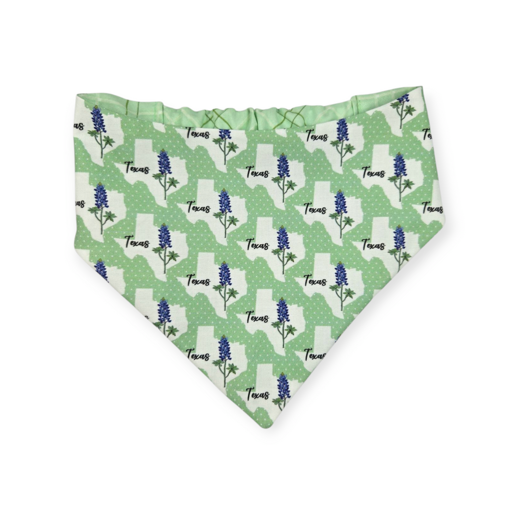 Bluebonnets & Texas /Mint Plaid Reversible Slip-on Scrunchie Bandana (Large)