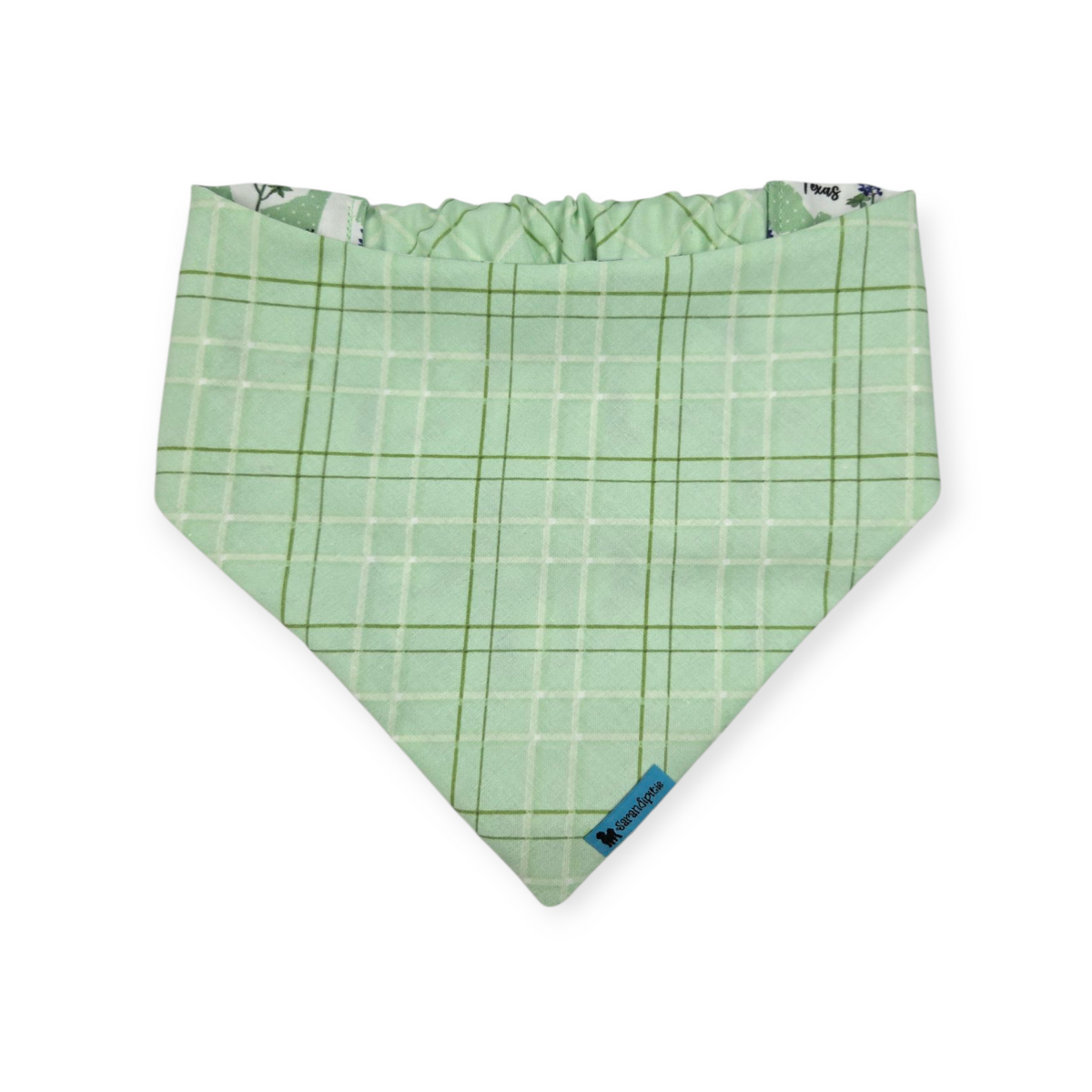 Bluebonnets & Texas /Mint Plaid Reversible Slip-on Scrunchie Bandana (Medium/Large)