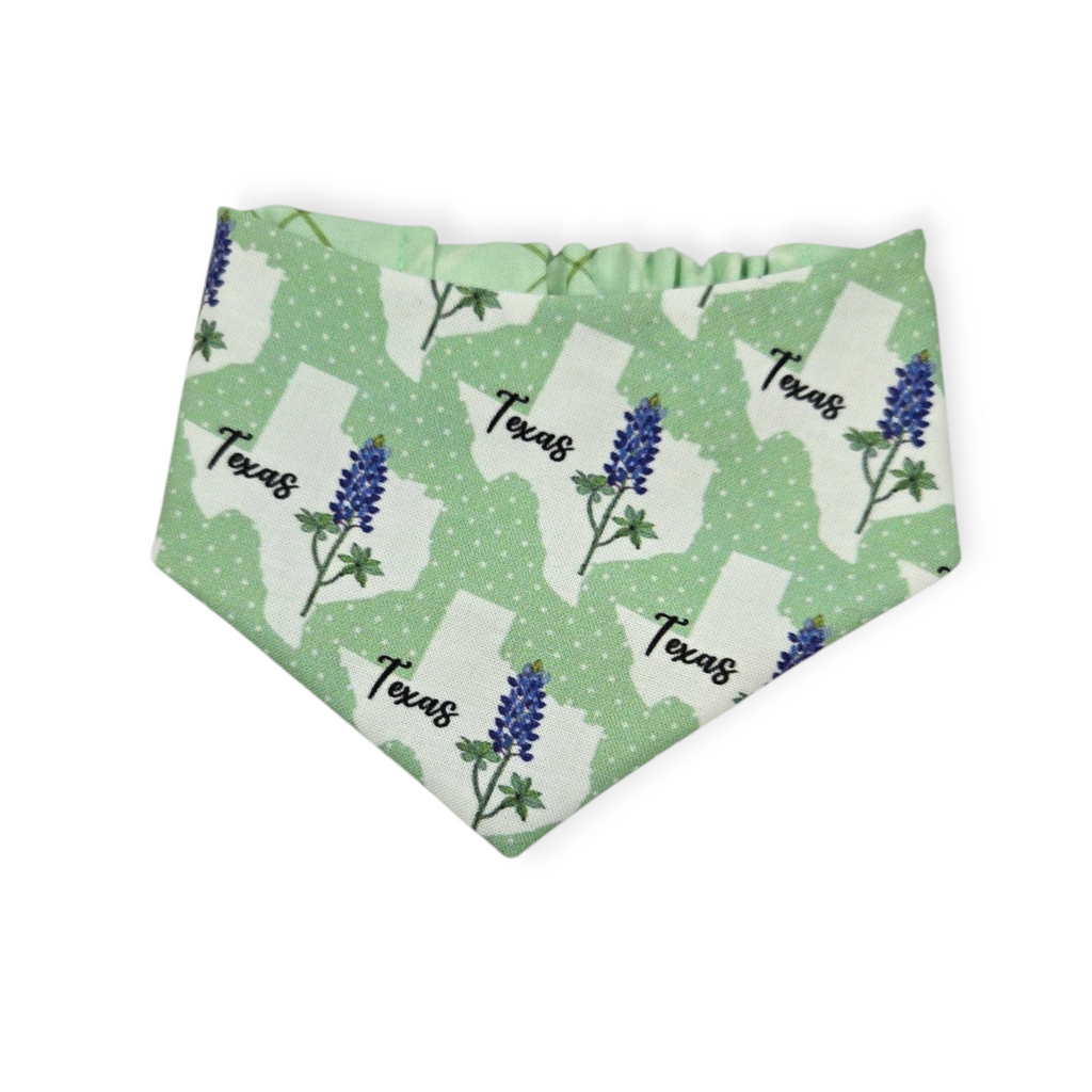 Bluebonnets & Texas /Mint Plaid Reversible Slip-on Scrunchie Bandana (X-Small)