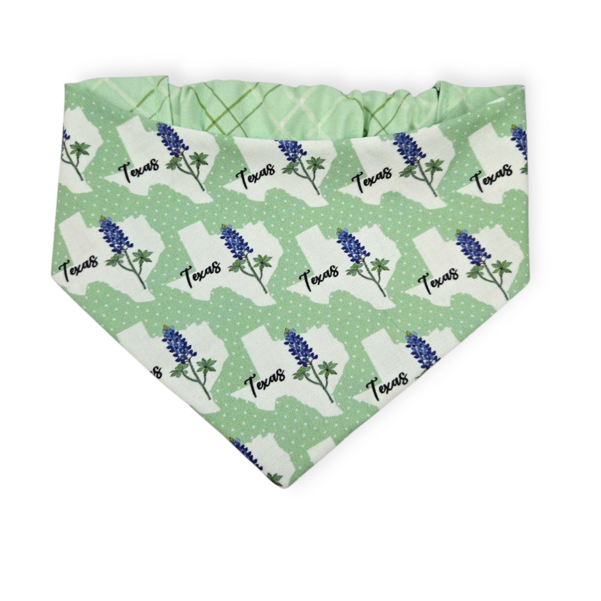 Bluebonnets & Texas /Mint Plaid Reversible Slip-on Scrunchie Bandana (Small/Medium)