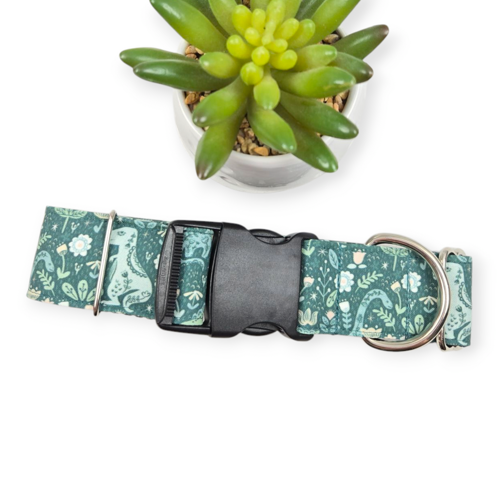 Folk Floral Dinosaur Dog Collar (Large, 1.5" wide)