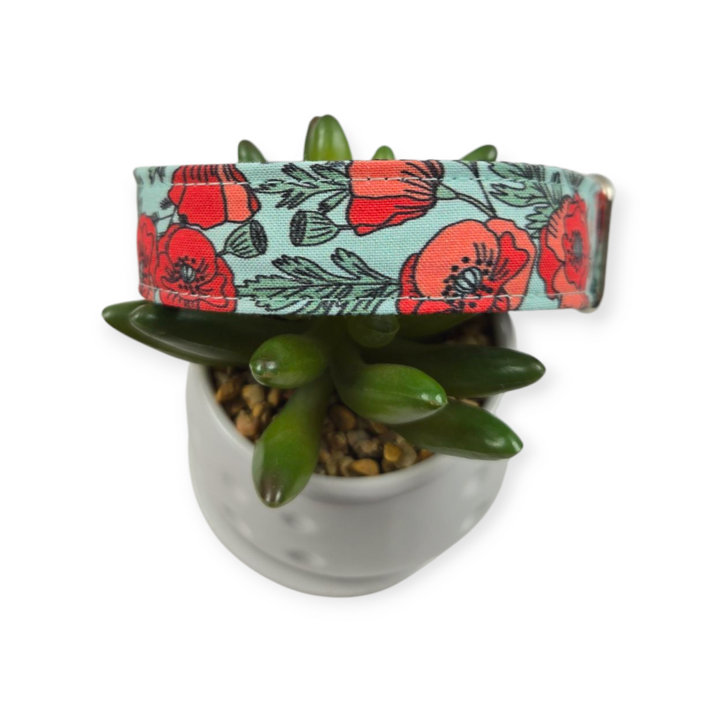 Poppy Floral on Blue Dog collar (Medium, 1" wide)