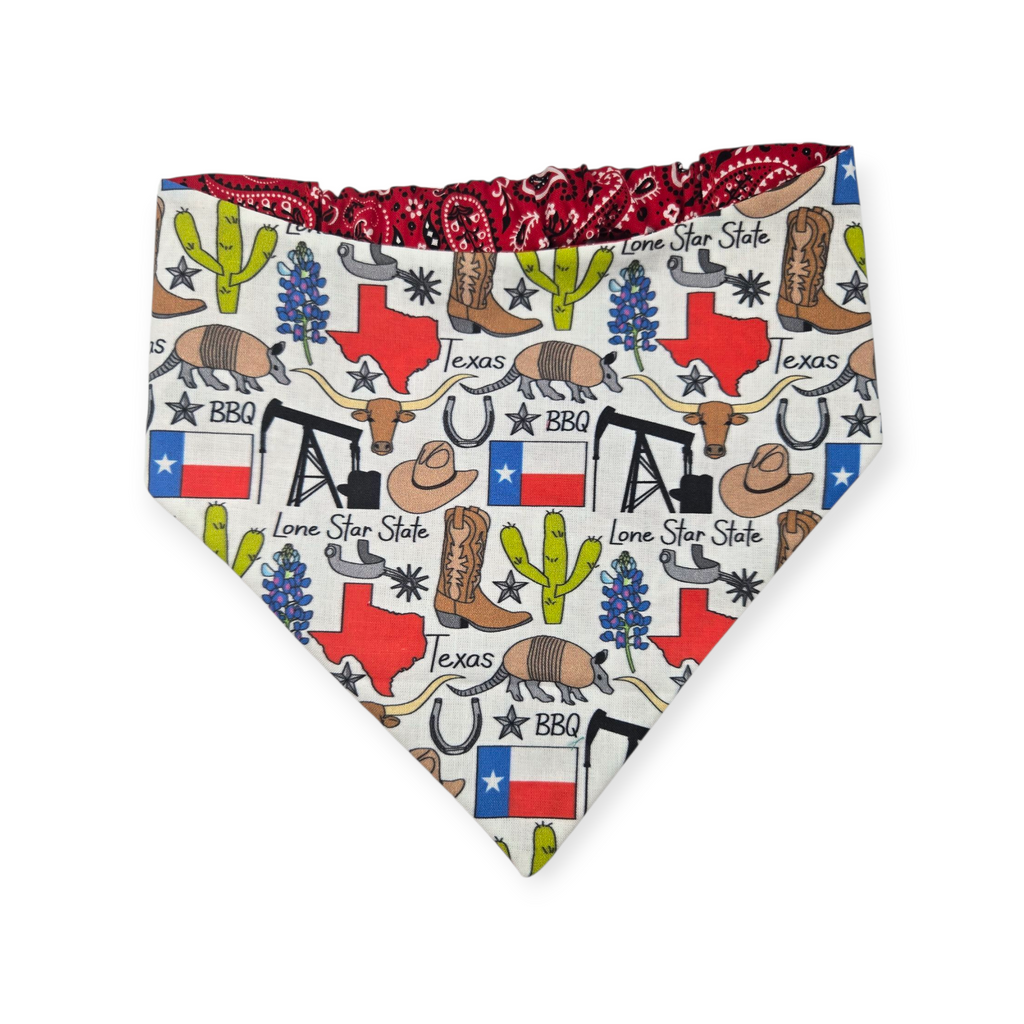 Texas Symbols/Red Paisley Reversible Slip-on Scrunchie Bandana (Medium/Large)