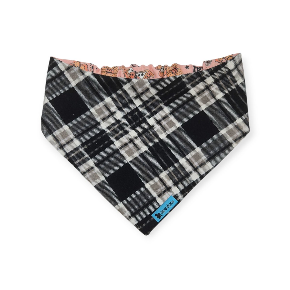 Retro Trick-or-Treat/Black & Gray Plaid Reversible Slip-on Scrunchie Bandana (Small)